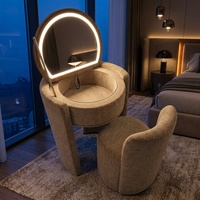 Coiffeuse moderne minimaliste à plateau rabattable avec miroir LED 3 couleurs, ensemble de meubles de chambre de luxe avec panneau rembourré et rangement
