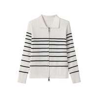 Pull en tricot rayé à fermeture éclair pour femme de bureau, veste cardigan en tricot côtelé à col polo et manches longues