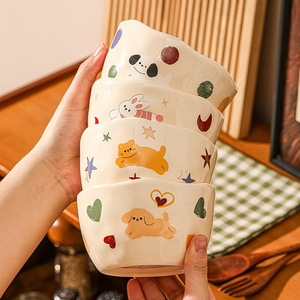Lelyi Cute and High Beauty Cartoon Cream Style Underglaze Ceramic Tableware Rice Bowl Utensils