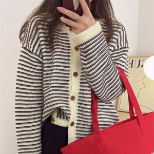 Pull en tricot rayé haute qualité <span class=keywords><strong>Cardigan</strong></span> à manches longues col rond veste boutonnée rouge haut ample décontracté - Product Image 3