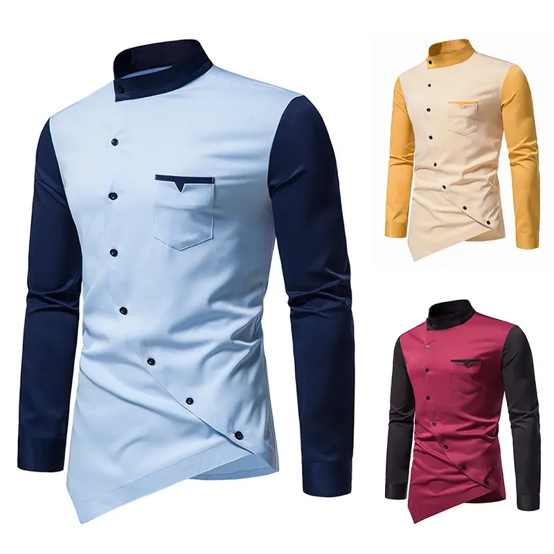 Hot Koop Mens 100% Katoen Mandarijn Kraag Splicing Ontwerp Onregelmatige Bodem Fashion Mid Lengte Custom Shirts Voor Mannen