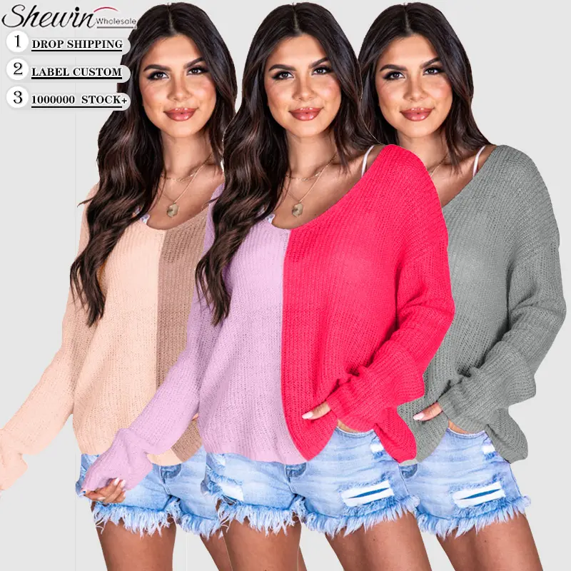 Shewin Fall Winter Women Long Sleeve Knitwear Tops Color Block Pullover Sweater For Women