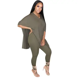 Casual 2 Stuks Set Vrouwen Trainingspak Losse Batwing Mouwen V-hals Lange Top + Potlood Broek 9 Kleur Lounge Wear plus Size Kleding