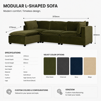 Canapé modulaire en velours vert olive moderne en forme de L avec ottoman, housse lavable, pour salon, hôtel, salle de séjour, vente en gros, usage commercial
