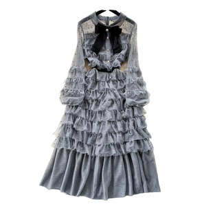 Abito da donna taglie forti con fiocco sul collo, balze, in tessuto ecologico, lunghezza al ginocchio, linea ad A, a maniche lunghe, tinta unita, in rete, elegante, autunnale - Product Image 1