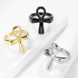 G2458 Atacado anillos Aço Inoxidável 18K Banhado A Ouro Olhos de Horus Antigos Egípcios Símbolo Proteção para os Olhos Ankh Cross Ring