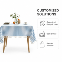 Nappe rayée en coton et lin tissé, bleu et blanc, à rayures verticales avec franges et pompons pour table à manger, décoration extérieure