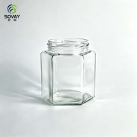 Pot en verre hexagonal transparent de 300 ml avec couvercle à vis pour miel, confiture, sauce chili, emballage alimentaire