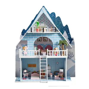 Casa de bonecas com móveis e bonecas, casa de bonecas de madeira para meninas de 3 anos de idade e up