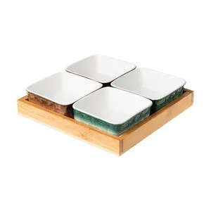 High quality Nordic Ceramic Square Dish Ceramic Tableware Combination Wooden Tray with Ceramic Bowl Plate for Household