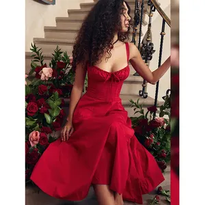Bölünmüş yaz elbiseler kadınlar 2023 seksi spagetti kayışı Lace Up kırmızı tatil parti elbiseler zarif bir çizgi Midi elbise