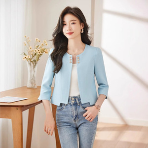 Women's Short Blazer Light Blue 3/4 Sleeve Solid Color Breathable Worsted Fabric Casual Suit Jacket - Product Image 3