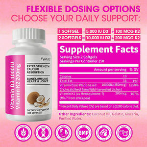 OEM/ODM Pure Vegan Essence Softgel Capsules Support Bone Heart Health <b>Vitamin</b> D3 K2 Adult Use Low-Fat Extra Strength Calcium - Product Image 2