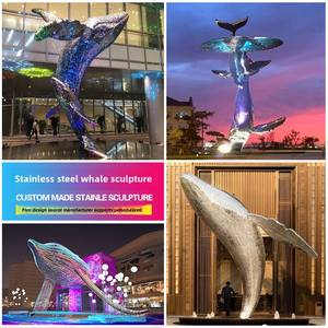 Sculpture de poisson volant géométrique de dessin animé abstrait moderne écologique sculpté en acier inoxydable baleine bloc visage ornement de sol - Product Image 2