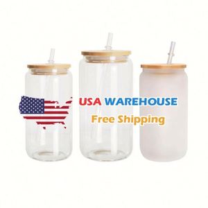 En stock : Verres à bière en verre transparent ou givré de 12 oz et 16 oz, type Mason Jar, vierges pour sublimation, avec couvercle en bambou et paille - Product Image 2