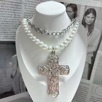 Nouvelle Mode Antique Argent Plaqué Grand Amour Coeur Croix Pendentif Collier Perle Chaîne En Argent Deux Couches Femmes Hommes Bijoux En Gros