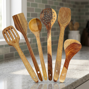 Juego de Cubiertos de Madera de Acacia Vintage de 12 Piezas, Cuchara y Tenedor Biodegradables, Reutilizables, Pulidos a Mano, BS INTERNATIONAL para Hotel y Restaurante - Product Image 1