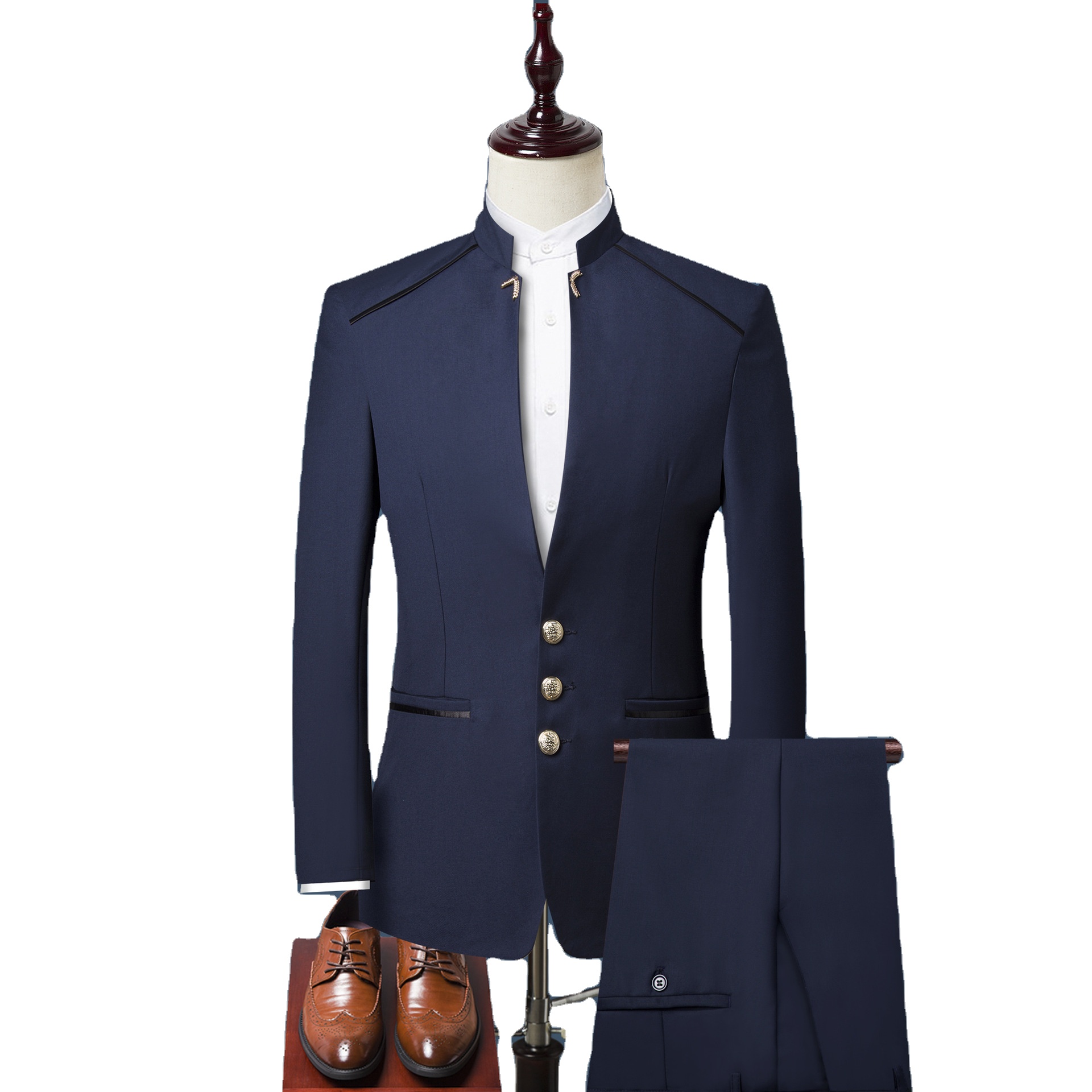 Traje Hombre azul a cuadros cuello mao de lana $559 | Hockerty