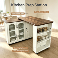 Buffet Rotatif Moderne Style Ferme Blanche avec Portes Vitrées et Étagères Ajustables pour Salle à Manger, Salon et Cuisine