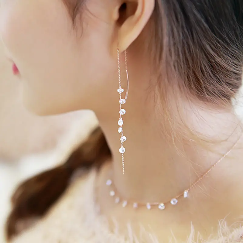 Korean Style 925 sterling silver earing women jewelry long tassel zircon stud earrings gold plated