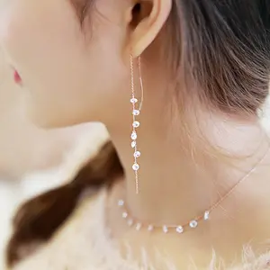 韩式925纯银耳环女士珠宝长穗锆石饰钉耳环镀金