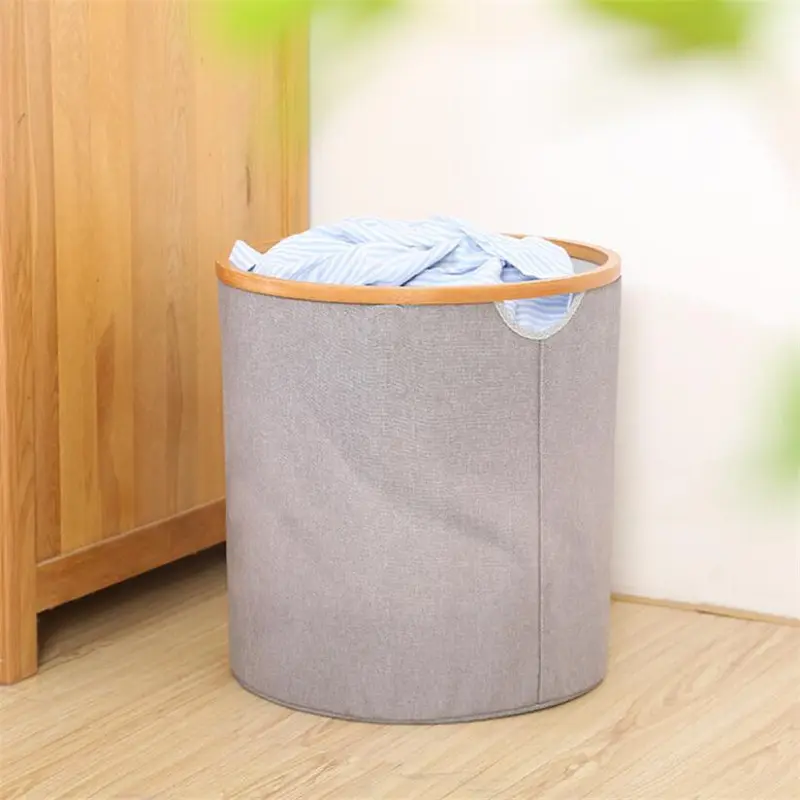 Folding Round Bamboo Frame Laundry Hamper for Bedroom and Bathroom
