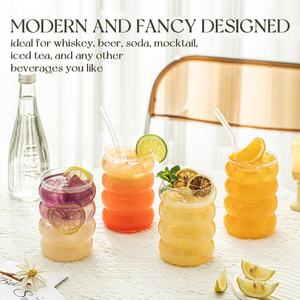 波型のバブル飲料グラス、ストロー付き、350ml ヴィンテージガラスカップ、美しいアイスコーヒーグラス、リップルガラス製品 - Product Image 2