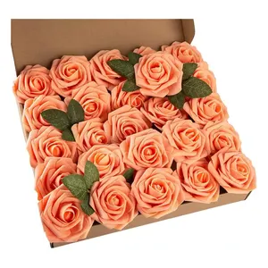 공장 도매 발렌타인 데이 선물 박스 25pcs 현실적인 장미 플러스 잎 PE 거품 인공 꽃 결혼식
