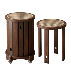 Solid Wood <b>Stool</b> Round Stackable Rattan Top Home Use Furniture - Product Image 2