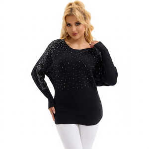 Women <b>Black</b> Oversized Knit Sweater With <b>Sequined</b> Dot Pattern Drop-Shoulder Long Sleeve O-Neck Winter <b>Top</b> - Product Image 1