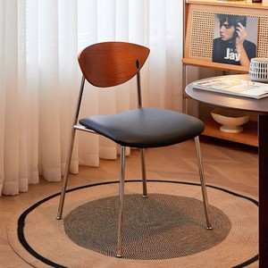 Chaise de salle à manger vintage en bois massif, assise noire rembourrée, acier inoxydable, style nordique rétro, pour café ou usage domestique - Product Image 5