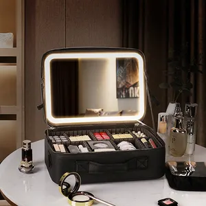 Nueva caja de almacenamiento de cosméticos de escritorio de gran capacidad, bolsa de maquillaje portátil de viaje de cuero impermeable con espejo de luz LED