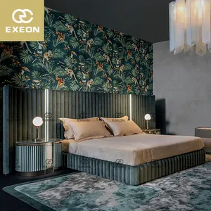 Mobiliário do quarto de luxo azeitona verde cama king size arco tufted coluna bar grande verde escuro cama dupla com luz led