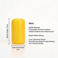 Pot en plastique HDPE de 60 ml, flacon rond jaune pour pilules, conteneur pour compléments alimentaires avec joint en aluminium pour l'emballage de capsules, de poudres et de comprimés