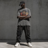 Vintage Washed Distressed Oversized T-Shirt für Herren 240GSM Cartoon Teufel-Engel-Grafik Kugelloch-Effekt Ausgefranster Saum Streetwear OEM