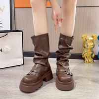 Bottes compensées pour femme à plateforme rehaussante, tige en microfibre, talon compensé de 5 cm, style britannique audacieux, à enfiler, nouvelle collection automne 2026, mi-mollet
