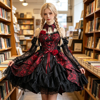 Vestido JSK Gótico Lolita Jacquard con Rosas Rojas y Negras, sin Mangas, con Tirantes, Disfraz de Cosplay de Anime, Traje para Actuación en Escenario