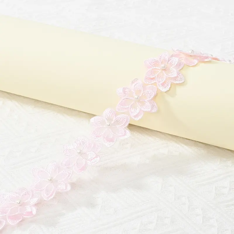 Ruban d'organza de coupe de dentelle de tulle personnalisé avec applique de ruban d'organza de fleur et de perle pour robes de mariée