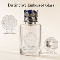 Flacon de parfum en verre personnalisé de 150 ml, emballage de Cologne royale, flacon pulvérisateur rond transparent vide avec couvercle en pierre bleue et boîte