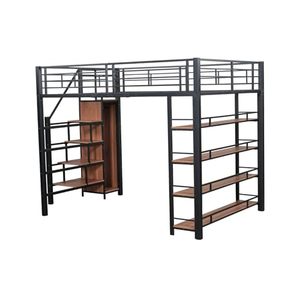 <span class=keywords><strong>Lit</strong></span> <span class=keywords><strong>mezzanine</strong></span> moderne DNF pour enfants 140x200cm avec escalier, rangement sécurisé <span class=keywords><strong>et</strong></span> petites étagères de placard, noir - Product Image 3
