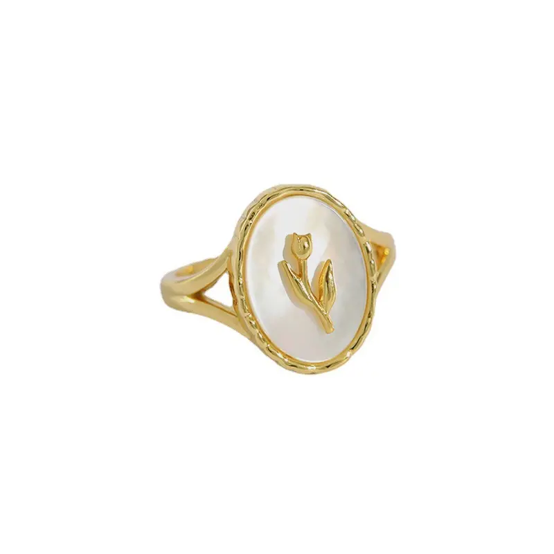 Korean 925 sterling silver ring tulip white shell geometric oval flower adjustable ring for women