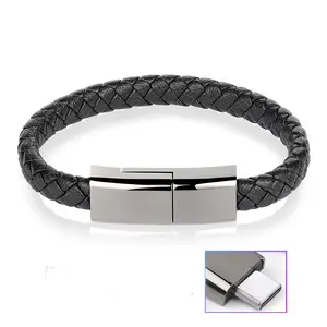 Bracelet de charge en cuir USB Chargeur de câble de bracelet tressé portable noir pour téléphone