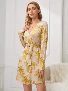 High Quality Long Sleeved Night-Robe Women Sexy Thin Printing Nightgown Custom