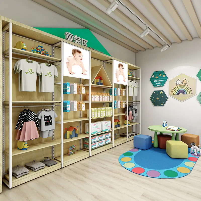 Espositore per abbigliamento per negozio di bambini eco-design espositore in legno per negozio al dettaglio