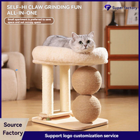Arbre à chat en bois de pin avec lit, double colonne, poteaux à gratter en sisal anti-déchirure, doubles balles à gratter sphériques, tapis rafraîchissant