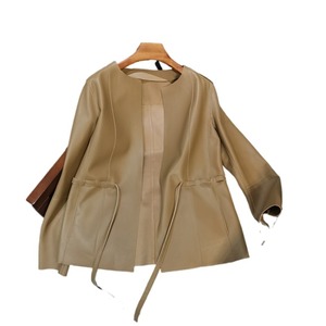 Damen 2026 Frühling Herbst Lammleder-<span class=keywords><strong>Cardigan</strong></span>, Kragenloser Kurzmantel mit Kordelzug an der Taille, Locker Sitzende Jacke - Product Image 6