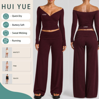 Set Yoga Wanita Dua Potong, Atasan Crop Top Off-Shoulder Lengan Panjang, Cepat Kering, Pinggang Elastis, Pakaian Olahraga Outdoor, OEM