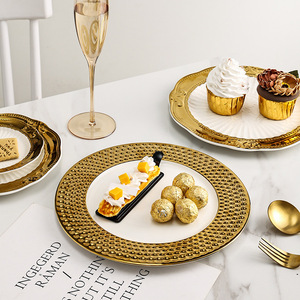 Assiette <span class=keywords><strong>de</strong></span> présentation en céramique haut <span class=keywords><strong>de</strong></span> gamme à bord doré, style européen, pour banquets, cafés, hôtels, vaisselle <span class=keywords><strong>de</strong></span> <span class=keywords><strong>luxe</strong></span> pour la mise en table - Product Image 3