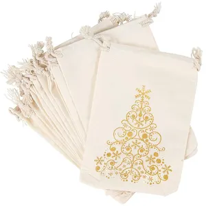 Cotton Christmas Gift Drawstring Bags for Holiday Party Favors Santa Tree Decoration Pouches
