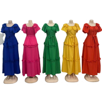 Gaun lengan pendek wanita, pakaian kasual bersabuk kerah persegi warna Solid musim panas